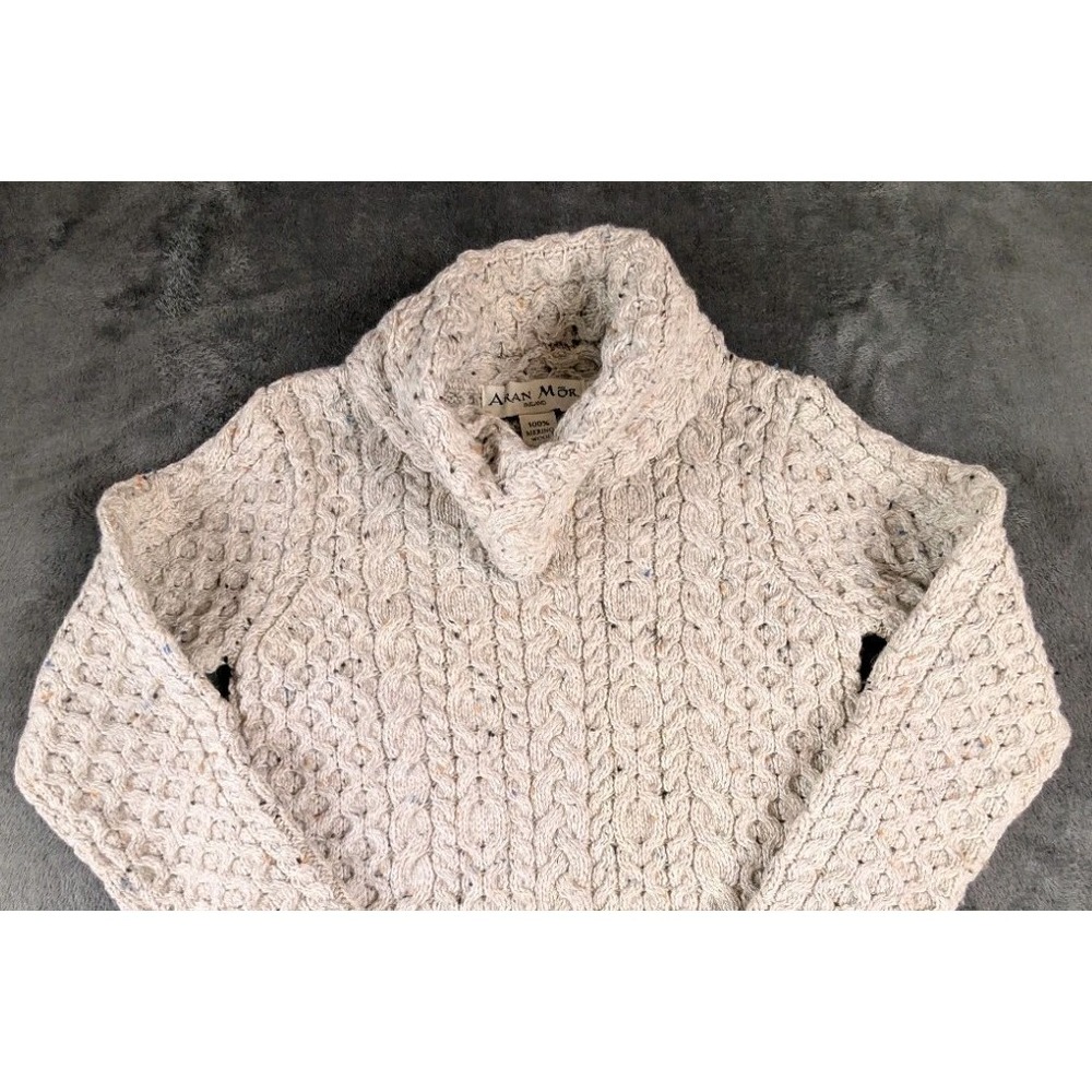 Aran Mór Ireland 100% Merino Wool Cable Knit‎ Cowl Neck Sweater Oatmeal  F233